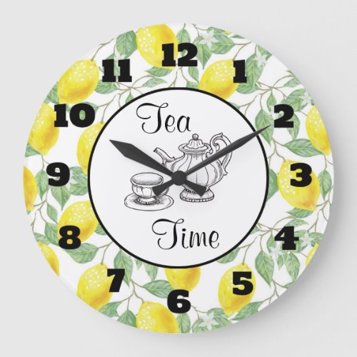 Yellow Lemons with Green Leaves Pattern Tea Time Large Clock