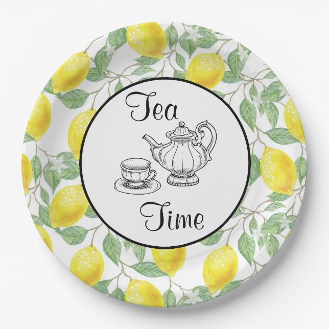 Yellow Lemons with Green Leaves Pattern Tea Time Paper Plates (Front)