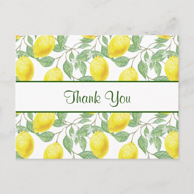 Yellow Lemons with Green Leaves Pattern Thank You Postcard (Front)