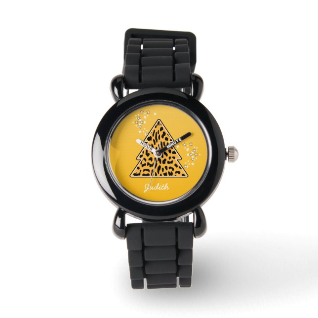 Yellow Leopard Cheetah Christmas Tree Watch (Front)