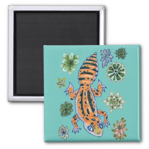 Yellow Leopard Gecko and Succulent Plants Magnet