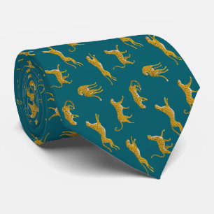 Yellow Leopard On Dark Emerald Pattern Wild Animal Neck Tie