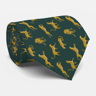 Yellow Leopard On Dark Green Pattern Wild Animal Neck Tie