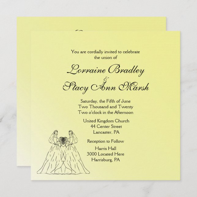 Yellow Lesbian Wedding Invitation (Front/Back)