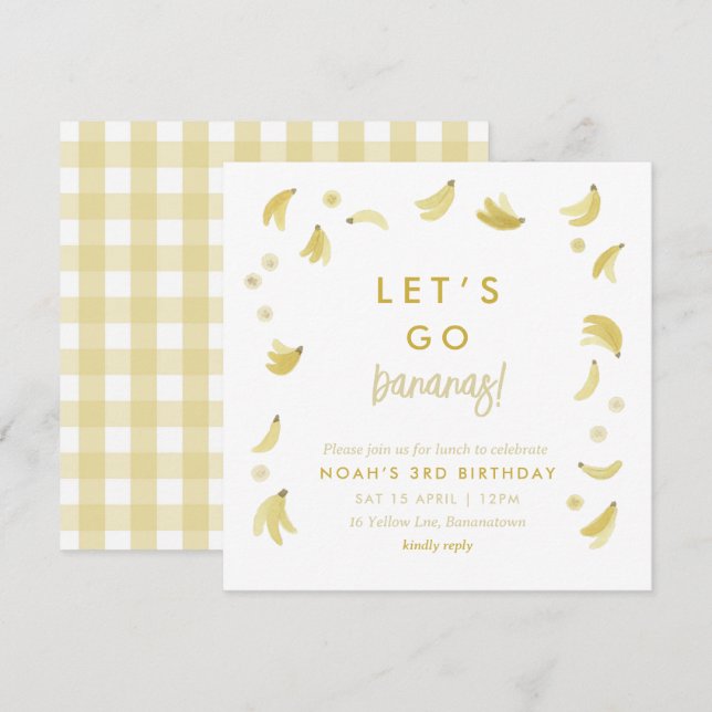 Yellow Lets Go Bananas Birthday Banana Party Theme Invitation (Front/Back)