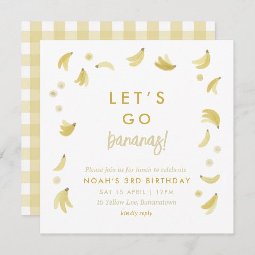 Yellow Lets Go Bananas Birthday Banana Party Theme Invitation