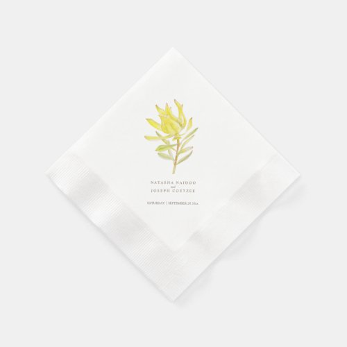 Yellow leucadendron botanical watercolor wedding napkins