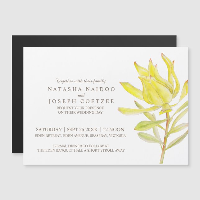 Yellow leucadendron watercolor wedding invitation (Front/Back)