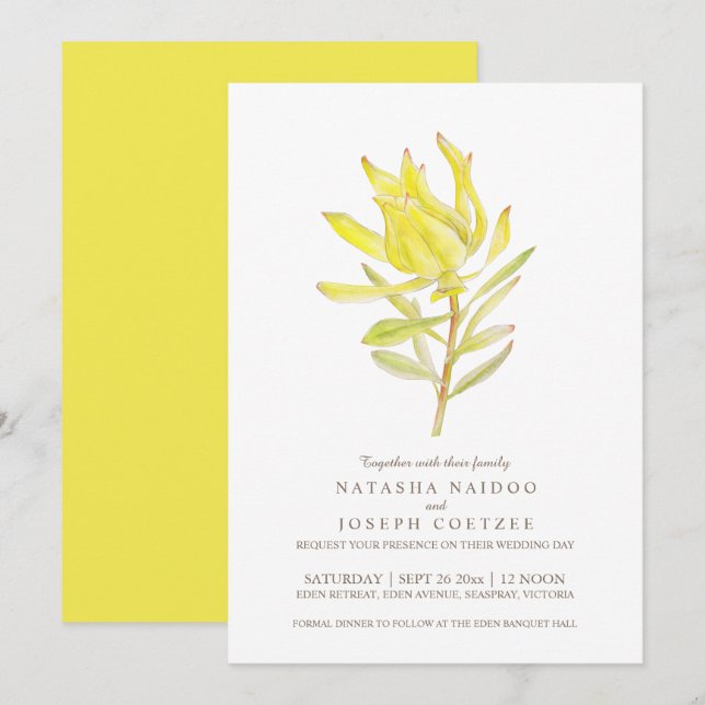 Yellow leucadendron watercolor wedding invitations (Front/Back)