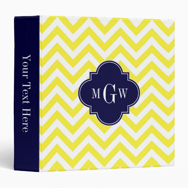 Yellow Lg Chevron Navy Quatrefoil 3 Monogram Binder (Front/Spine)