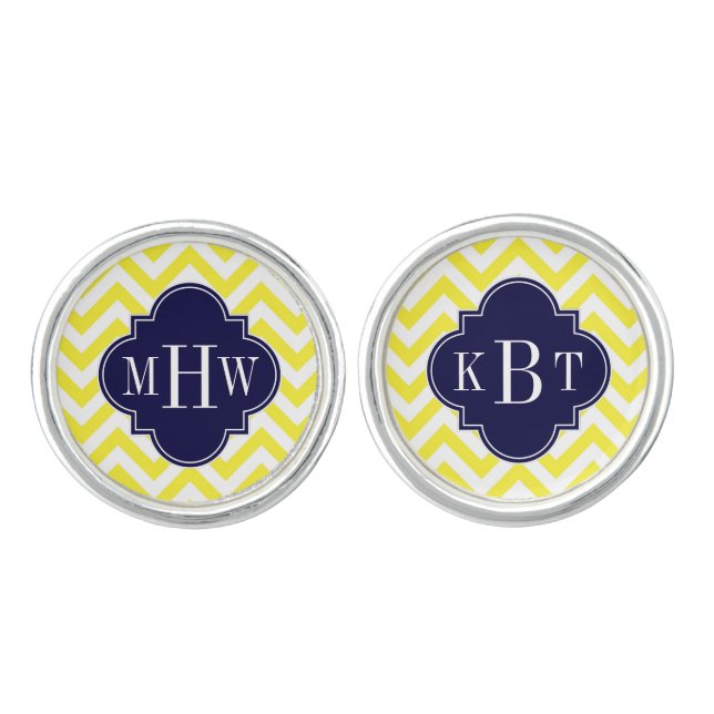 Yellow Lg Chevron Navy Quatrefoil 3 Monogram Cufflinks (Front)