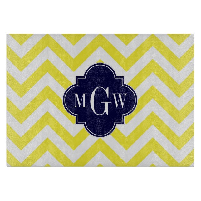 Yellow Lg Chevron Navy Quatrefoil 3 Monogram Cutting Board (Front)