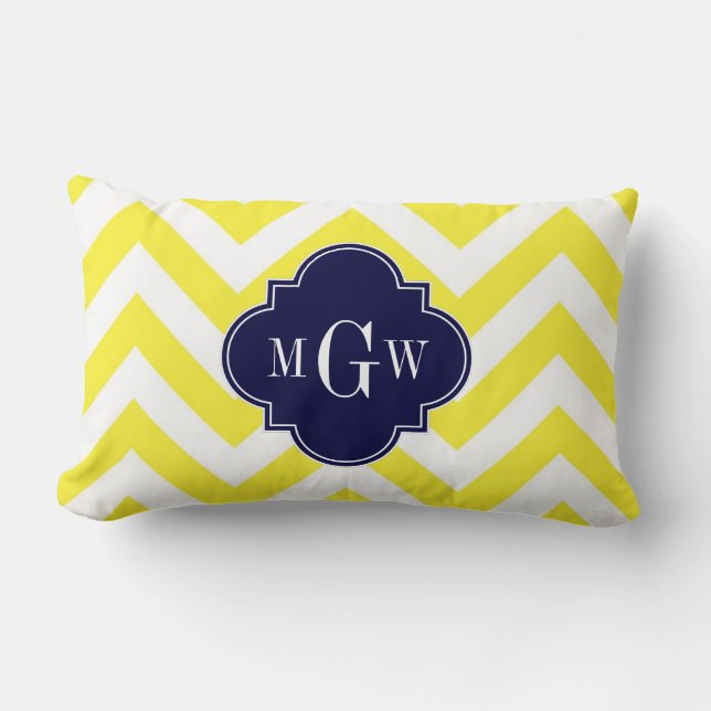 Yellow Lg Chevron Navy Quatrefoil 3 Monogram Lumbar Pillow (Front)
