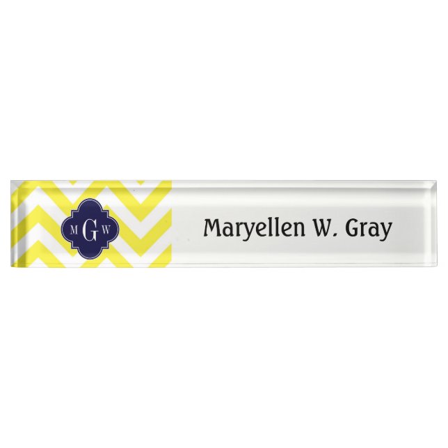 Yellow Lg Chevron Navy Quatrefoil 3 Monogram Name Plate (Front)