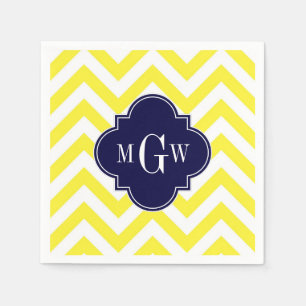 Yellow Lg Chevron Navy Quatrefoil 3 Monogram Paper Napkins
