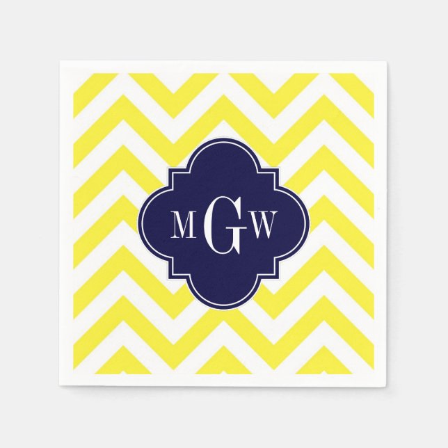 Yellow Lg Chevron Navy Quatrefoil 3 Monogram Paper Napkins (Front)