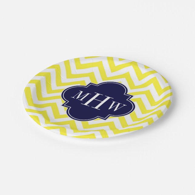 Yellow Lg Chevron Navy Quatrefoil 3 Monogram Paper Plates (Angled)
