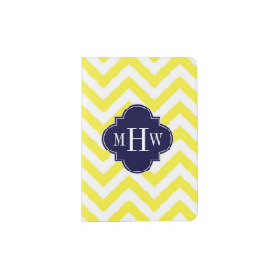 Yellow Lg Chevron Navy Quatrefoil 3 Monogram Passport Holder