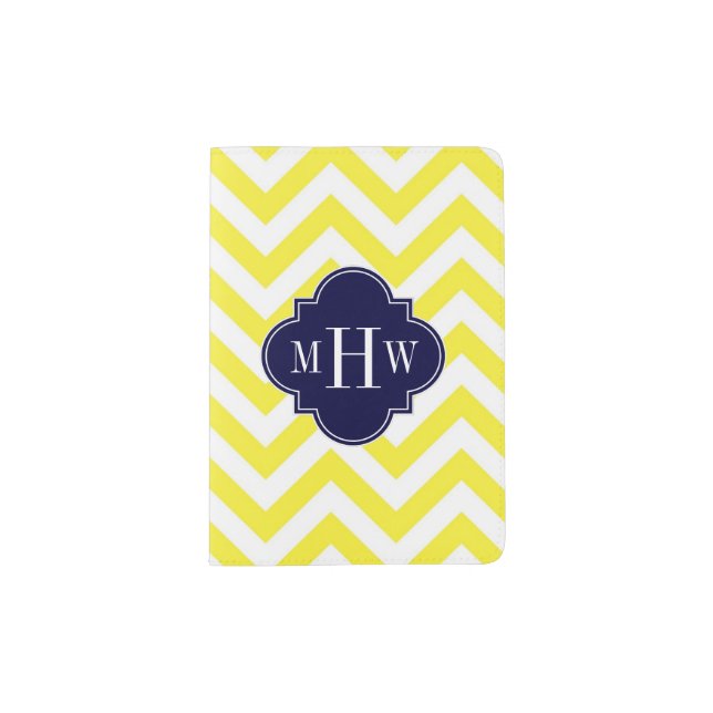 Yellow Lg Chevron Navy Quatrefoil 3 Monogram Passport Holder (Front)