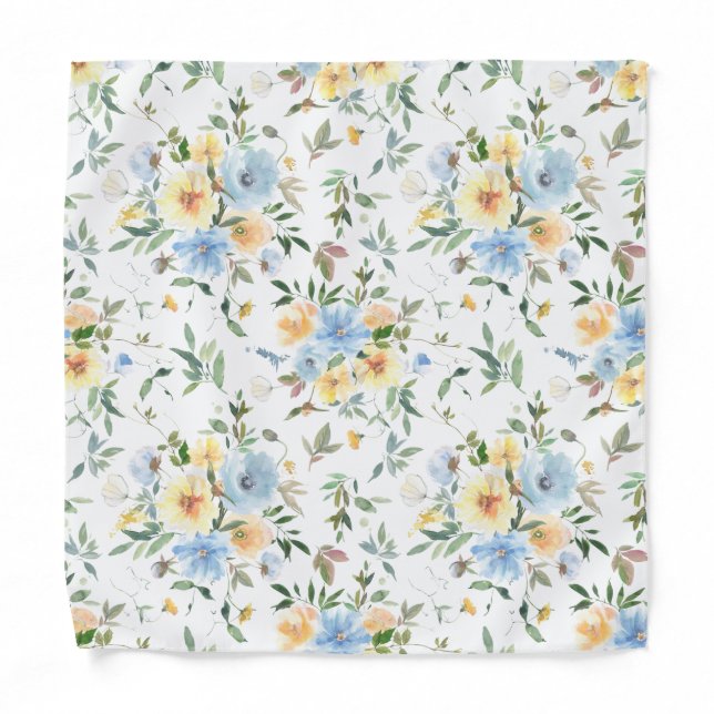 Yellow Light Blue Flowers Floral Pocket Square Bandana (Front)