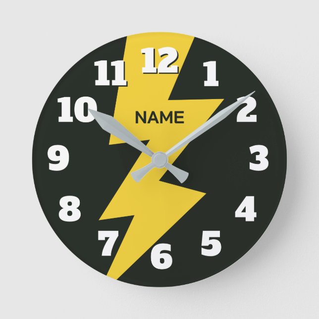 Yellow lighting bolt flash personalized round clock (Front)