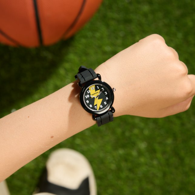 Yellow lighting bolt personalized black kid's watch (Wrist)