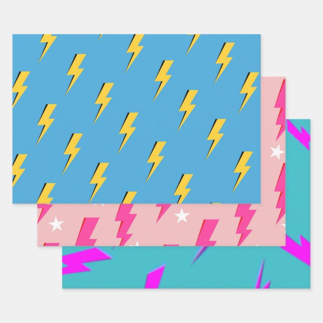 Yellow Lightning Blue Background Y2K Pattern Wrapping Paper Sheets (Set)