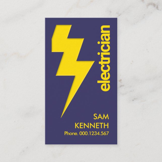 Yellow Lightning Bolt Minimalist Blue Electrician Business Card (Front)