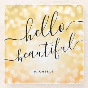 Yellow Lights "Hello Beautiful" Glass Coaster