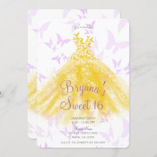 Yellow Lilac Butterfly Dance Dress Sweet 16 Party  Invitation
