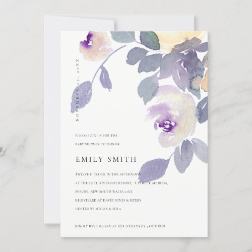 YELLOW LILAC PURPLE ROSE FLORAL BABY SHOWER INVITE
