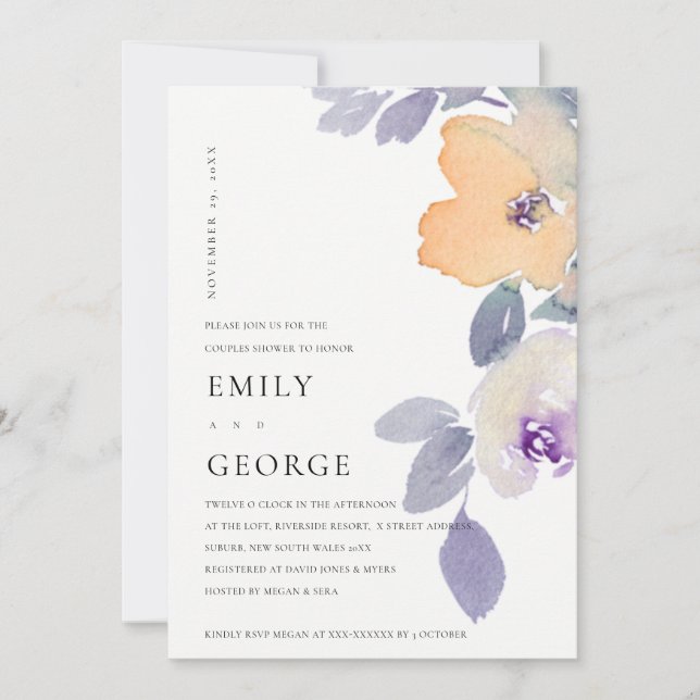 YELLOW LILAC PURPLE ROSE FLORAL COUPLE SHOWER CARD (Front)