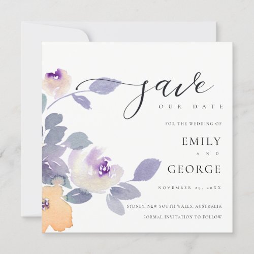 YELLOW LILAC PURPLE ROSE FLORAL SAVE THE DATE CARD