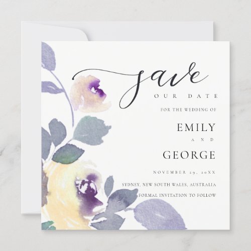 YELLOW LILAC PURPLE ROSE FLORAL SAVE THE DATE CARD
