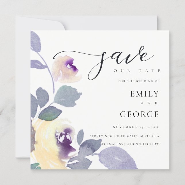 YELLOW LILAC PURPLE ROSE FLORAL SAVE THE DATE CARD (Front)