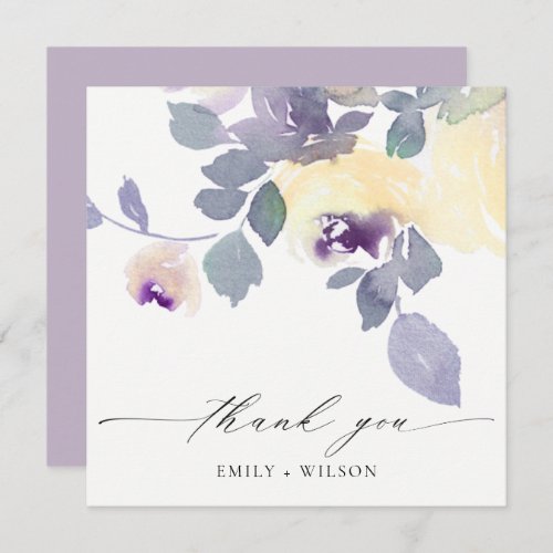 YELLOW LILAC PURPLE ROSE FLORAL WATERCOLOR WEDDING THANK YOU CARD