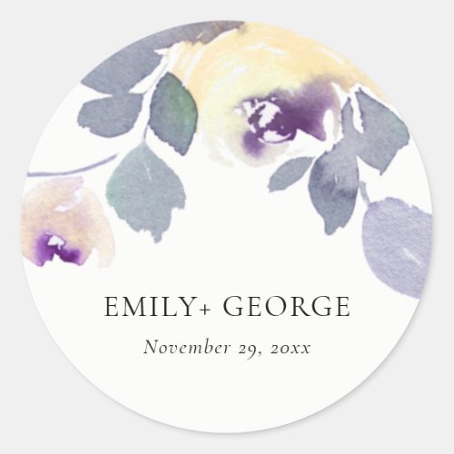 YELLOW LILAC PURPLE ROSE WATERCOLOR FLORAL WEDDING CLASSIC ROUND STICKER