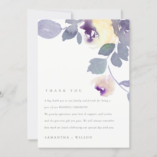 YELLOW LILAC PURPLE ROSE WATERCOLOR FLORAL WEDDING THANK YOU CARD