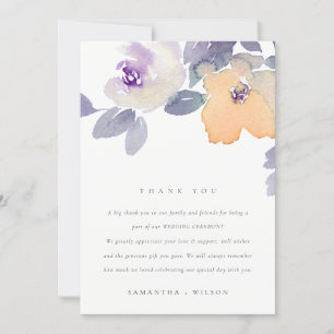 YELLOW LILAC PURPLE ROSE WATERCOLOR FLORAL WEDDING THANK YOU CARD