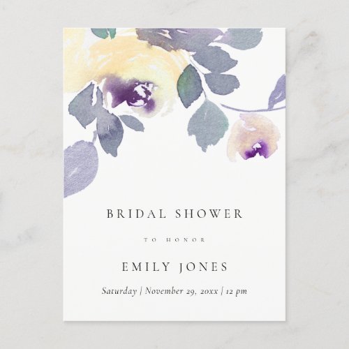 YELLOW LILAC ROSE WATERCOLOR FLORAL BRIDAL SHOWER INVITATION POSTCARD