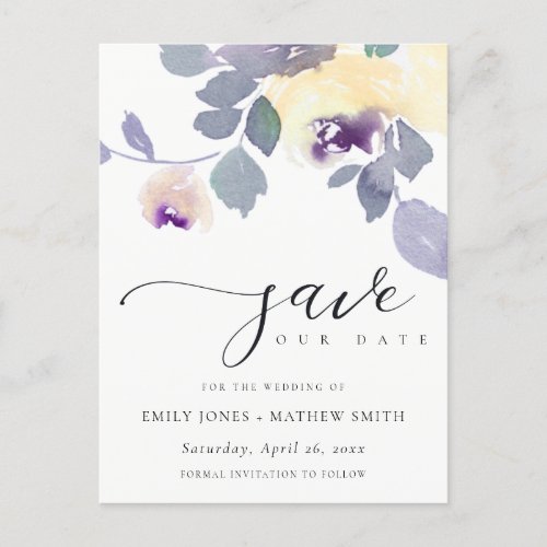 YELLOW LILAC ROSE WATERCOLOR FLORAL SAVE THE DATE ANNOUNCEMENT POSTCARD