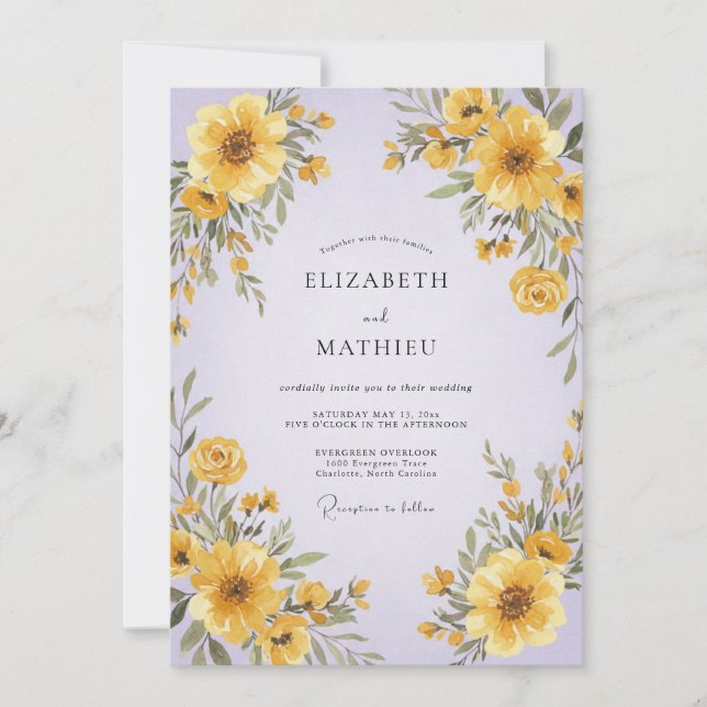 Yellow Lilac Sunflower Eucalyptus Wedding Invitation (Front)