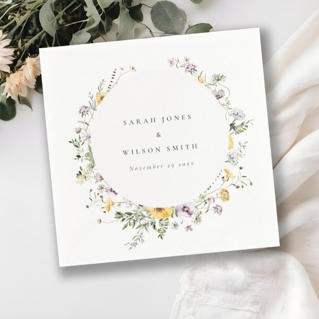 Yellow Lilac Wildflower Circle Frame Wedding Napkins (Creator Uploaded)