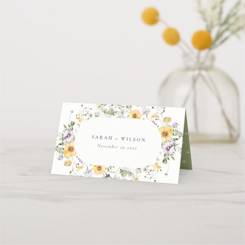 Yellow Lilac Wildflower Circle Frame Wedding Place Card