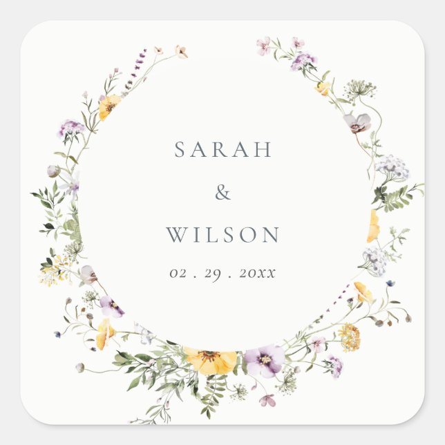 Yellow Lilac Wildflower Circle Frame Wedding Square Sticker (Front)