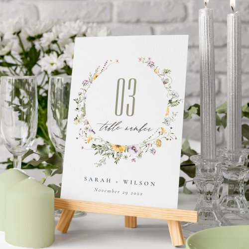 Yellow Lilac Wildflower Circle Frame Wedding Table Number