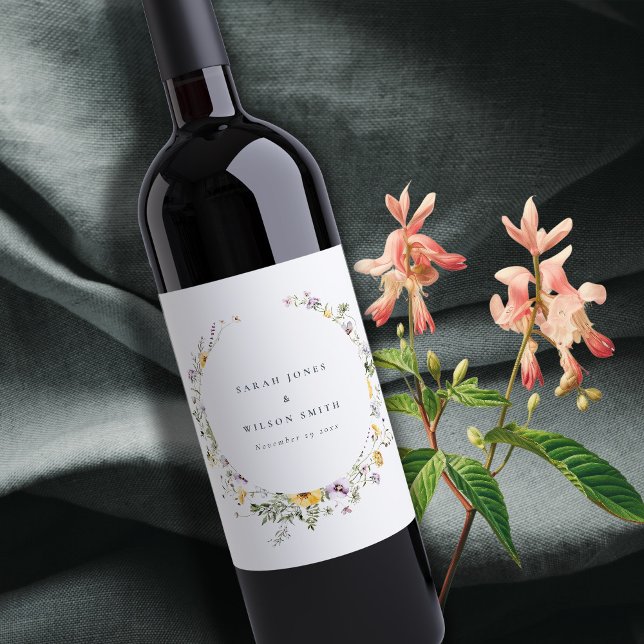 Yellow Lilac Wildflower Circle Frame Wedding Wine Label (Creator Uploaded)