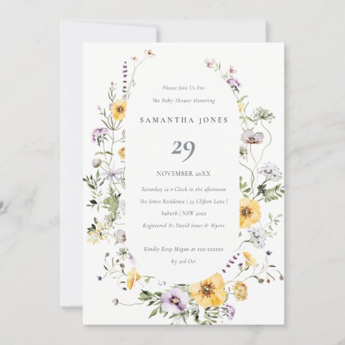 Yellow Lilac Wildflower Frame Baby Shower Invite