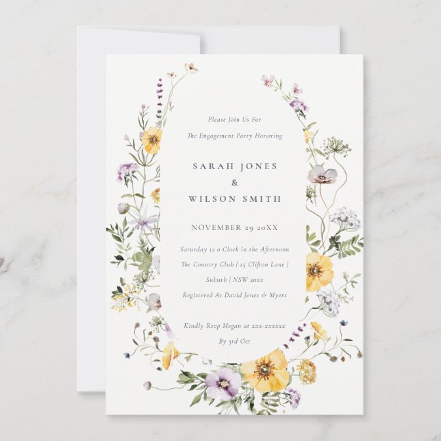 Yellow Lilac Wildflower Frame Engagement Invite (Front)