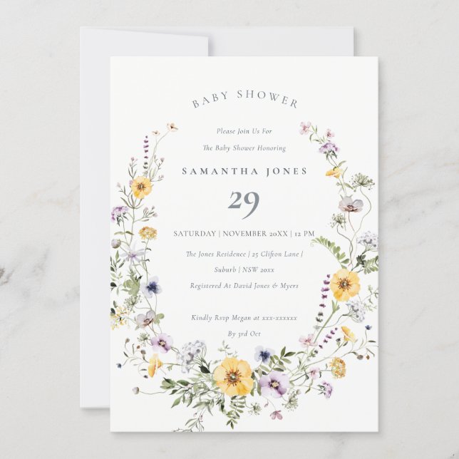 Yellow Lilac Wildflower Wreath Baby Shower Invite (Front)